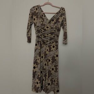 Brown Floral Ruched V-Neck Long Sleeve Maxi Dress